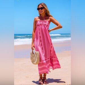 Pink Boho Square Neck Sleeveless Midi Dress